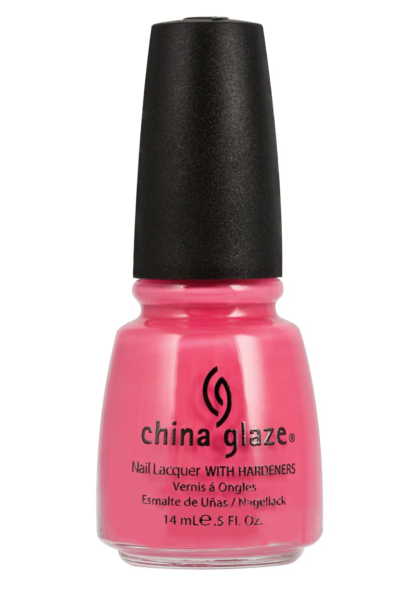 Bottle of bright pink creme nail lacquer with a black cap