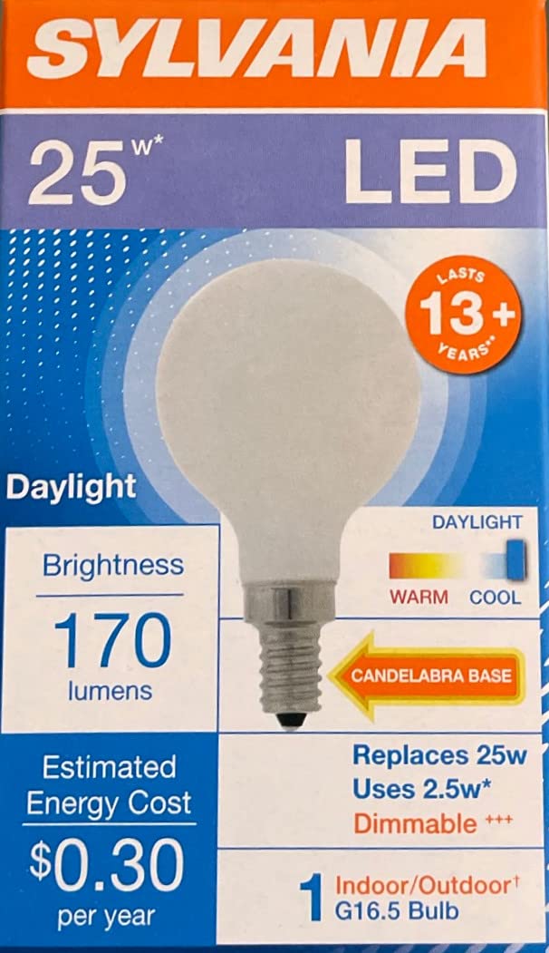 Box of a frosted LED globe bulb with candelabra base, 25W equivalent, daylight, 170 lumens