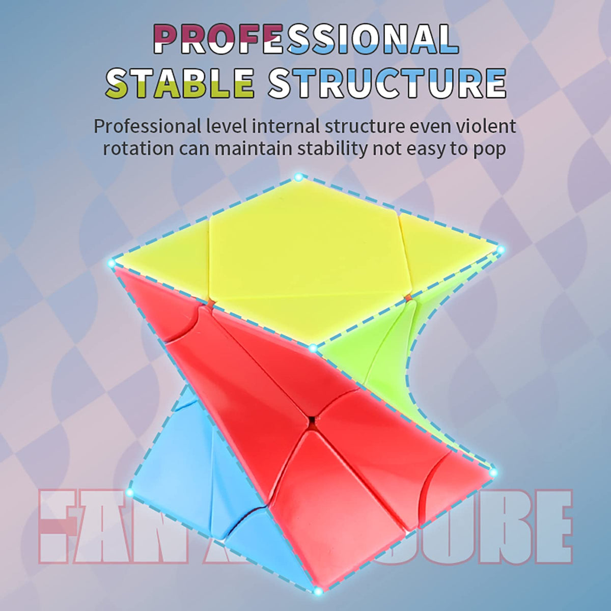 Twisted puzzle cube outlined in dashes under Professional Stable Structure text