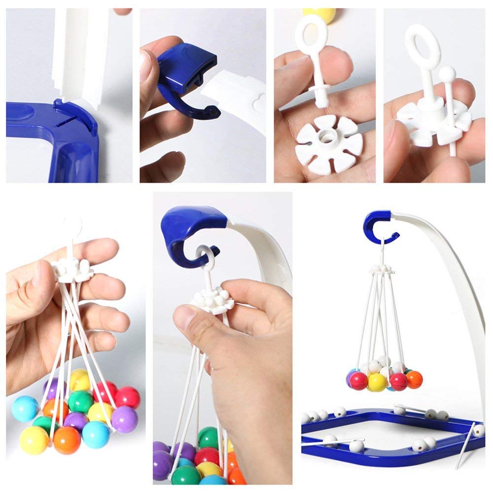Seven assembly steps from snapping the arm into the base to hanging the ball cluster
