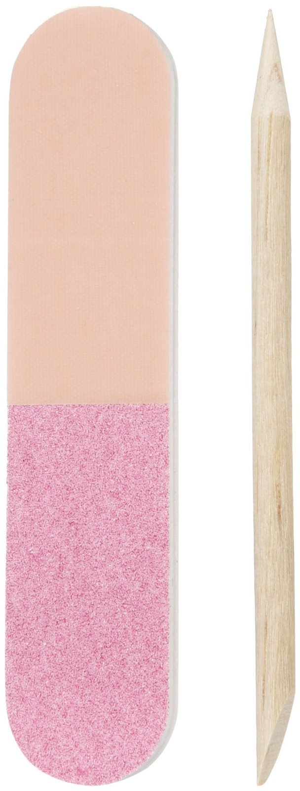 Peach and pink nail buffer beside a wooden cuticle stick