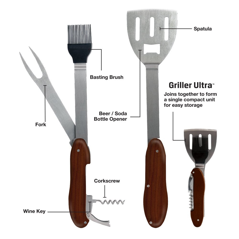 Labelled diagram of the spatula, bottle opener, fork, basting brush, corkscrew and wine key