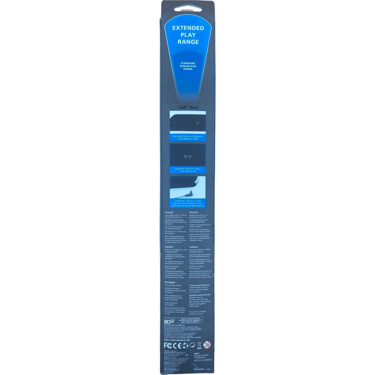 Back of the PowerA sensor bar box showing extended play range and features