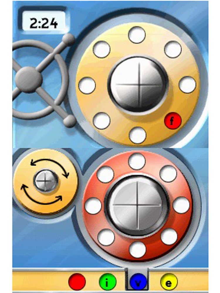 Safe dial puzzle with yellow and red rotating rings and coloured letter buttons