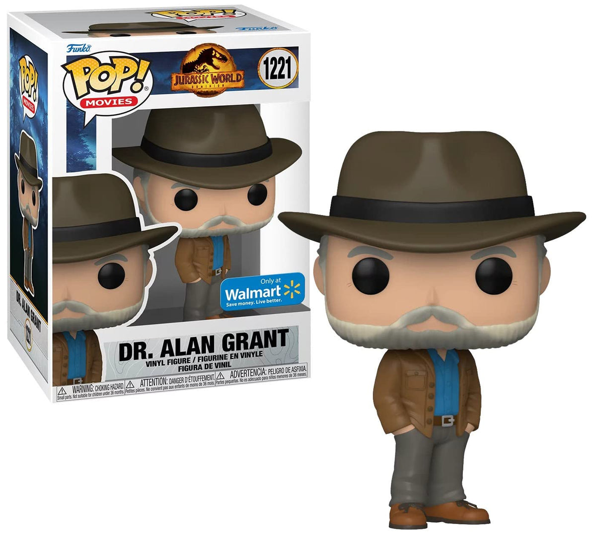 Dr. Alan Grant Pop! figure #1221 in a brown hat and jacket beside its Walmart exclusive box