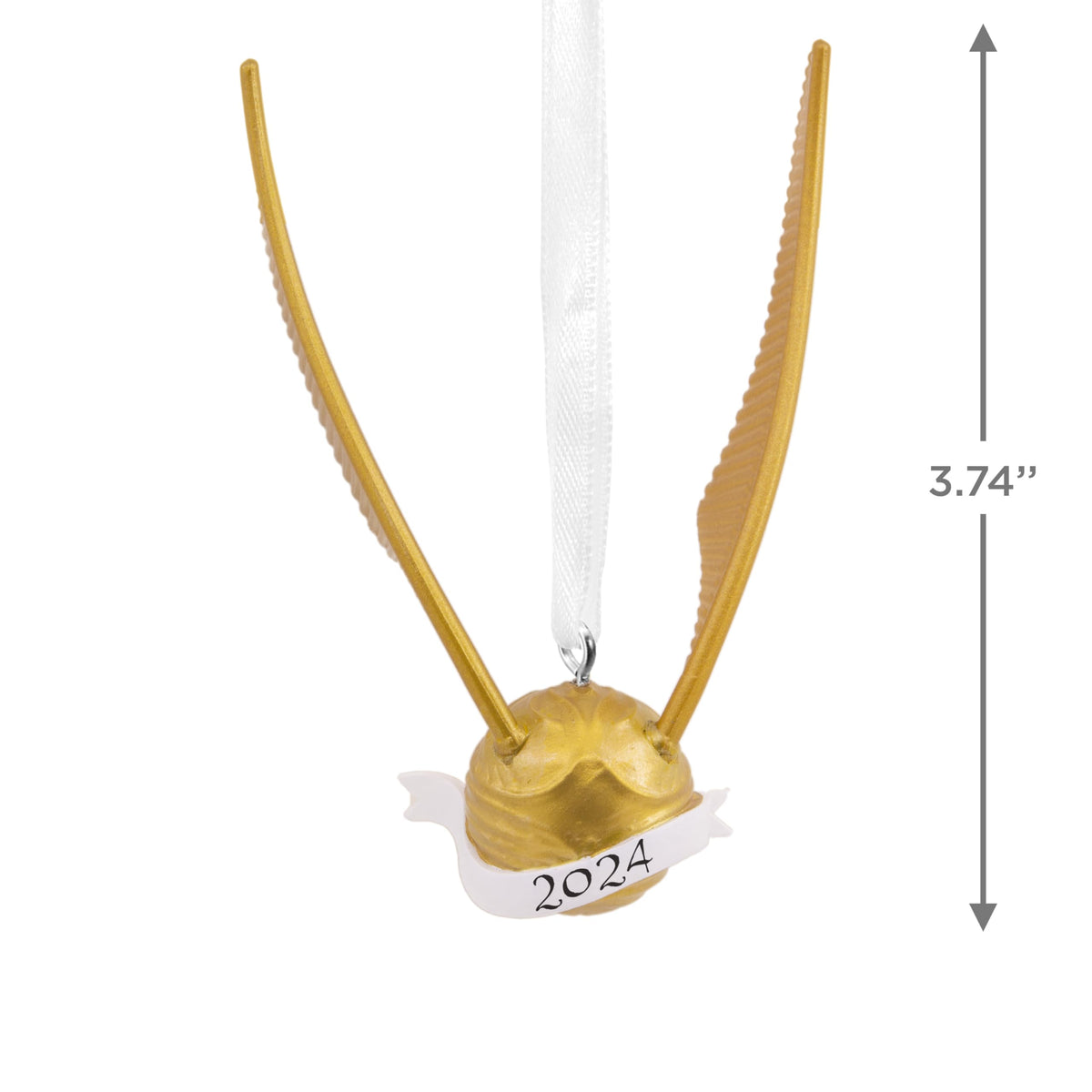 Size guide showing the winged ball ornament at 3.74 inches tall