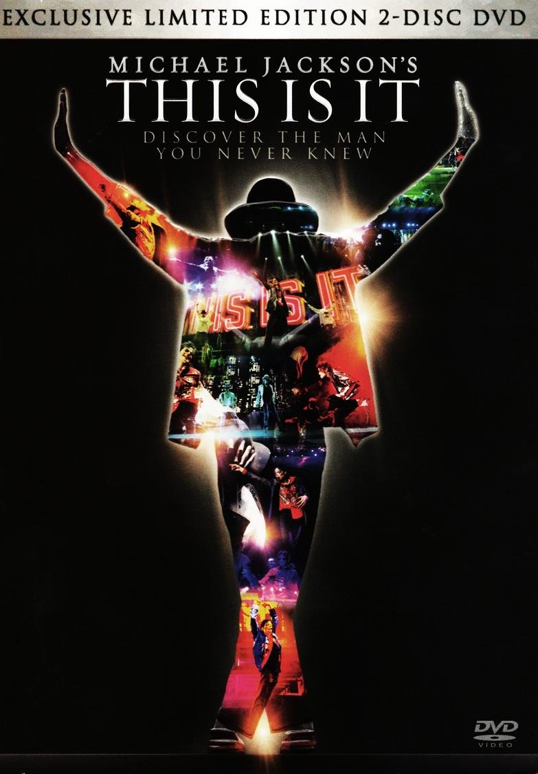 This Is It 2-disc DVD cover with a silhouette of Michael Jackson filled with concert scenes