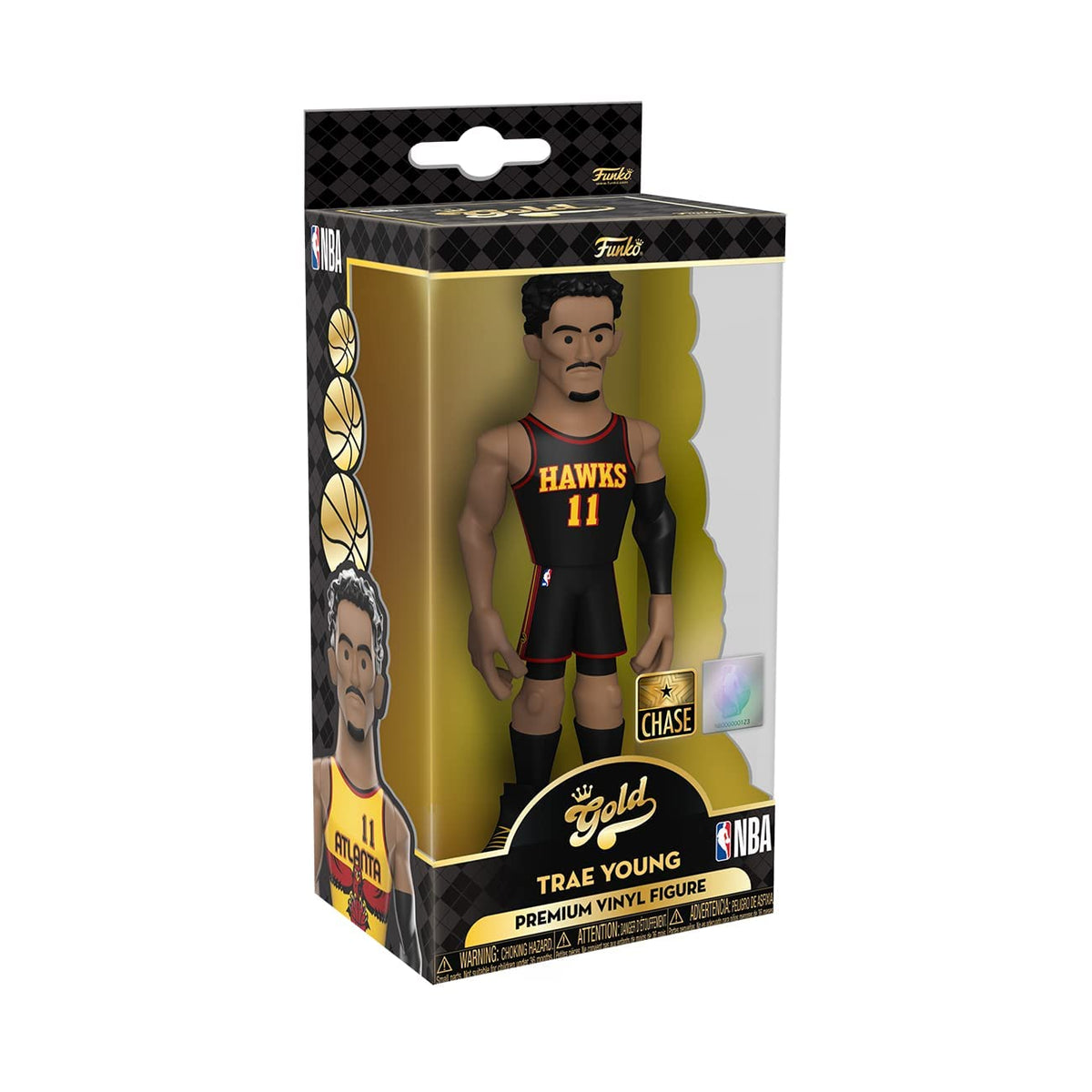 Boxed 5 inch Trae Young Gold figure in black Hawks uniform with a Chase sticker