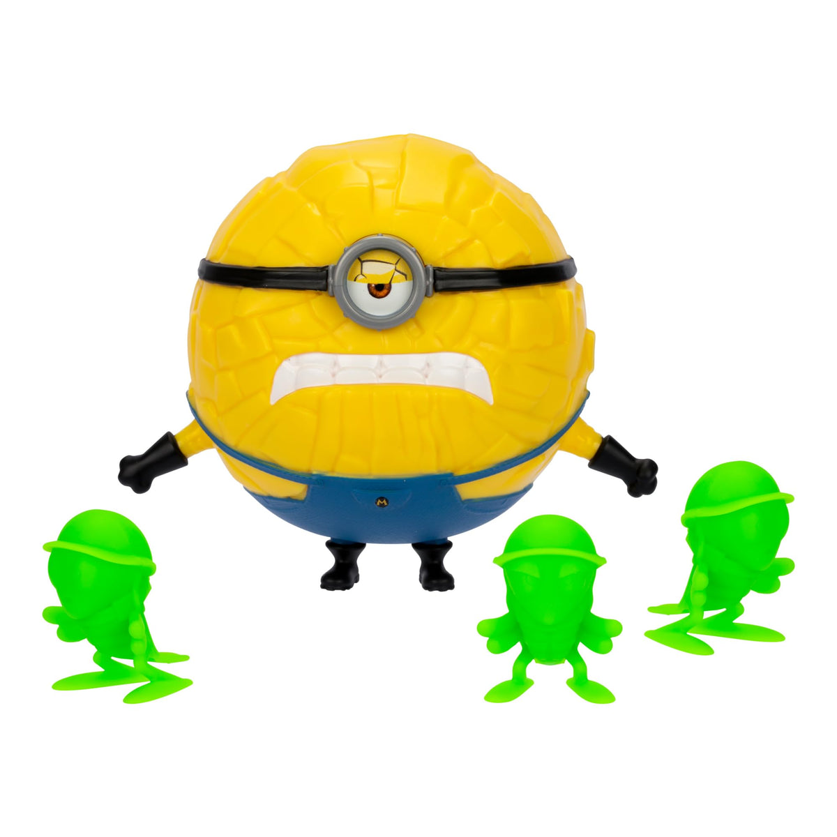 Round yellow one-eyed figure with cracked rock skin and gritted teeth, with three green alien figures