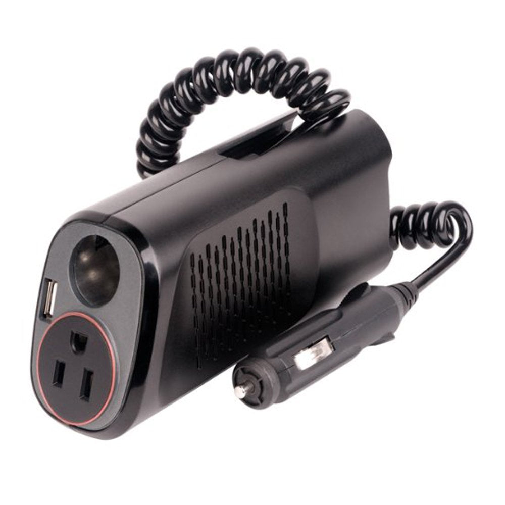 Car inverter on its side showing the outlet, USB port and accessory socket