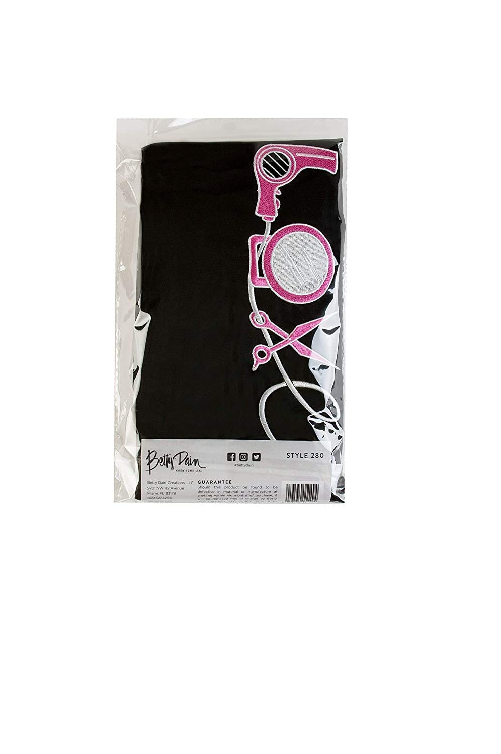 Folded black cape in a clear bag with the pink LOVE embroidery showing