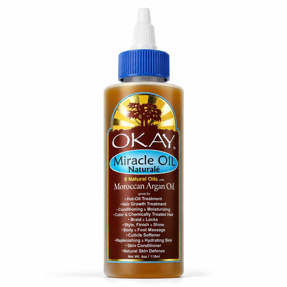 4 oz bottle of amber Miracle Oil with a blue cap and argan tree label