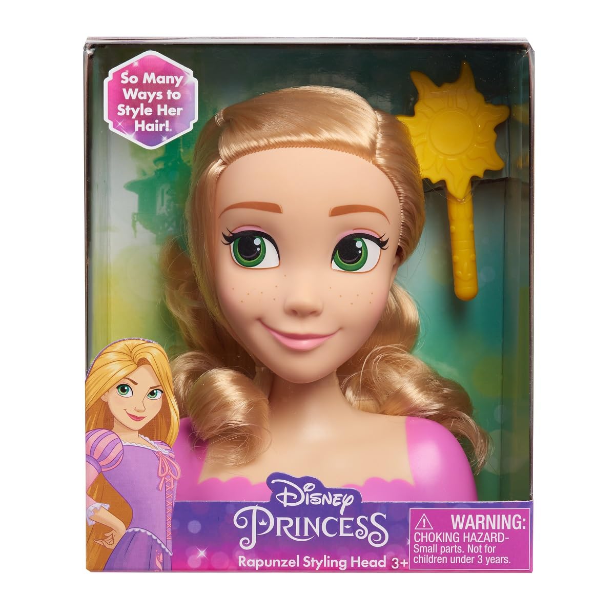 Front of the Disney Princess Rapunzel Styling Head box with the brush inside