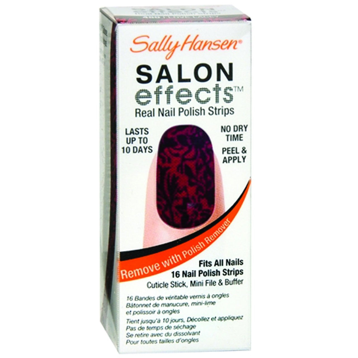 Front of the black lace on red nail strip box, lasts up to 10 days