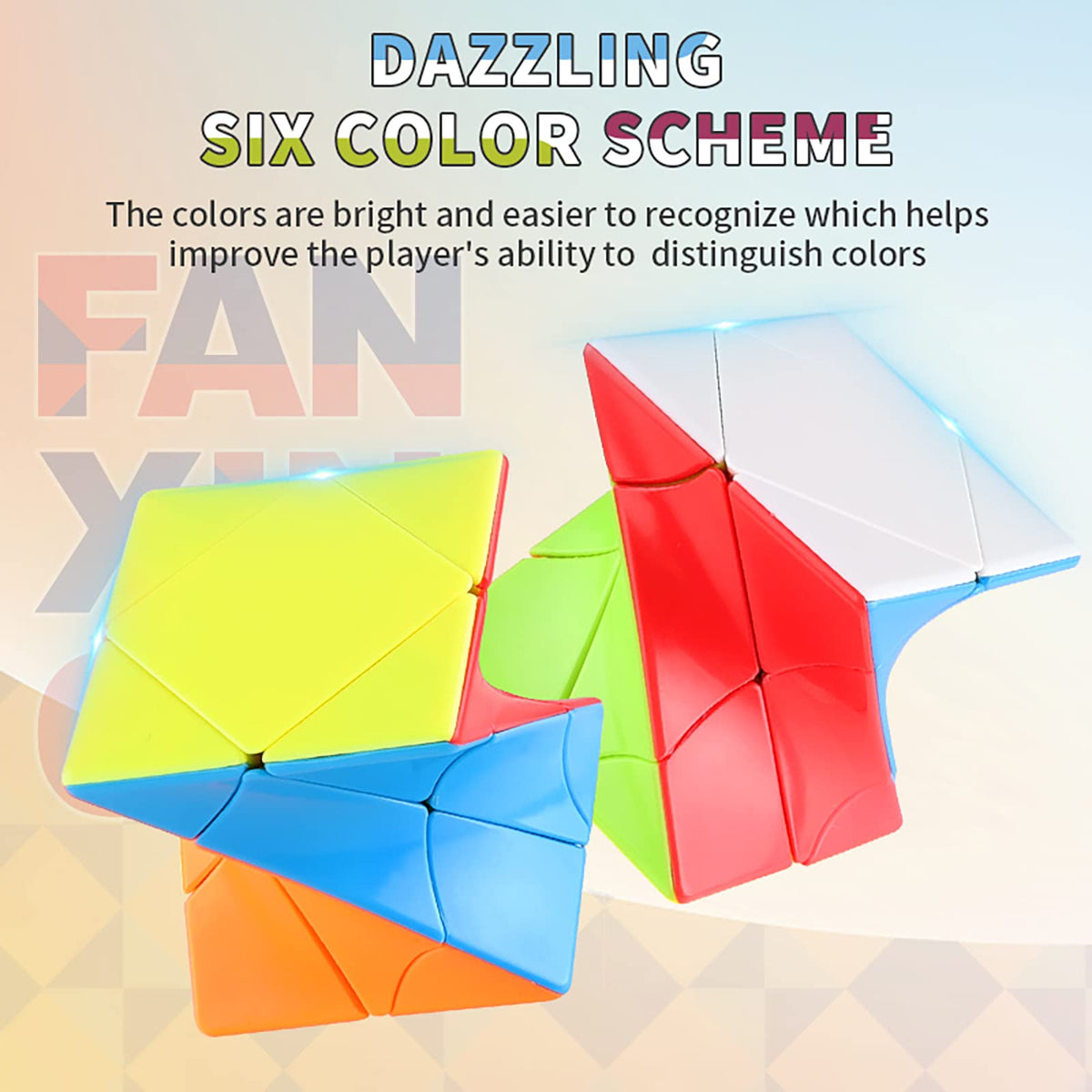 Two twisted puzzle cubes in bright colours under Dazzling Six Color Scheme text