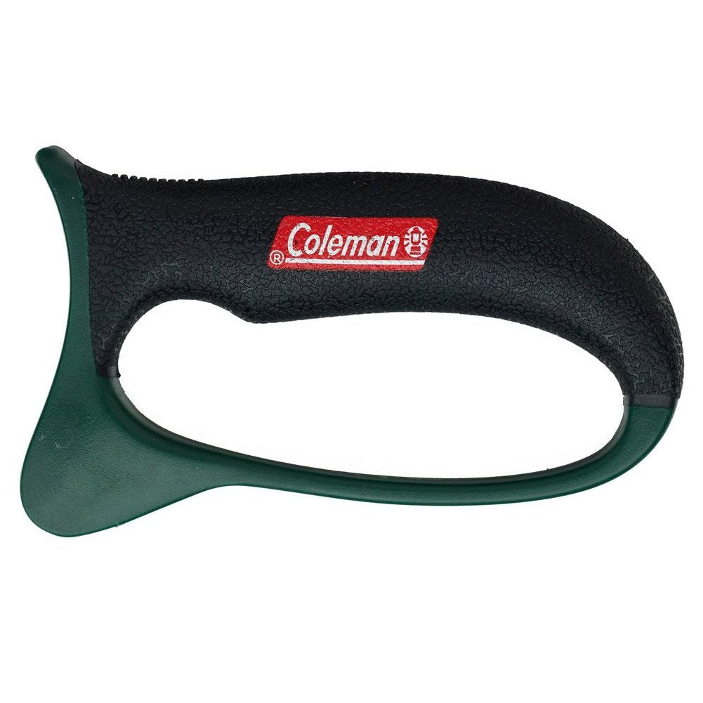 Coleman Camp Sharpener II, a green and black pistol-grip knife sharpener with a rubber grip