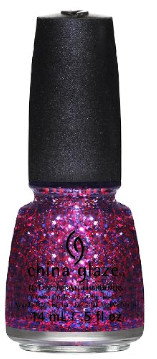 Bottle of clear nail polish packed with red, pink and violet glitter
