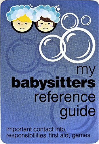 Blue magnet booklet cover with two cartoon kids in bubble hats, babysitter reference guide