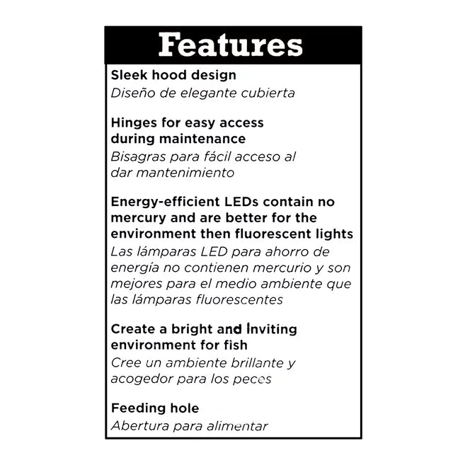 Features list: hinges, energy-efficient LEDs and feeding hole