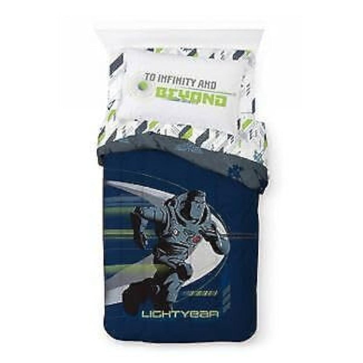 Navy kids comforter with a running space ranger, plus a pillowcase reading To Infinity and Beyond