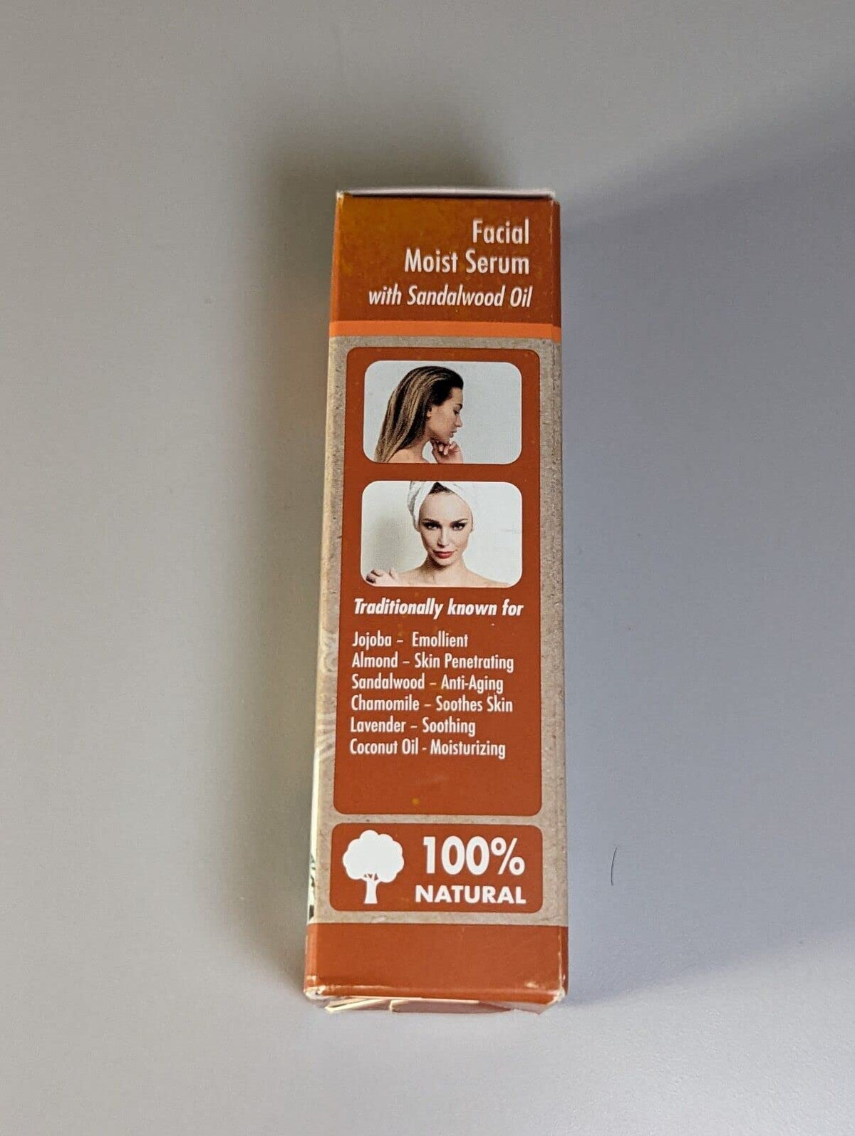 Side of the serum box listing jojoba, almond, sandalwood, chamomile, lavender and coconut oil