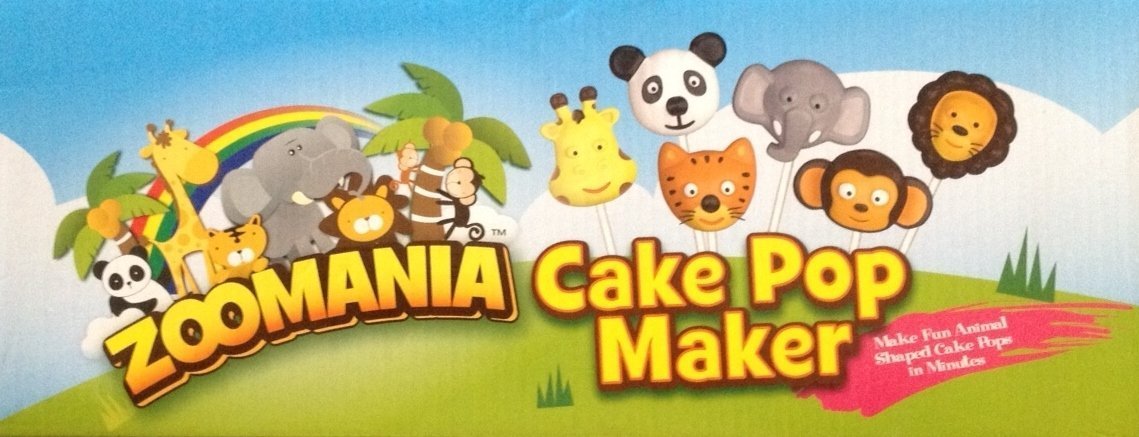 Box top with cartoon jungle animals and six animal face cake pops on sticks