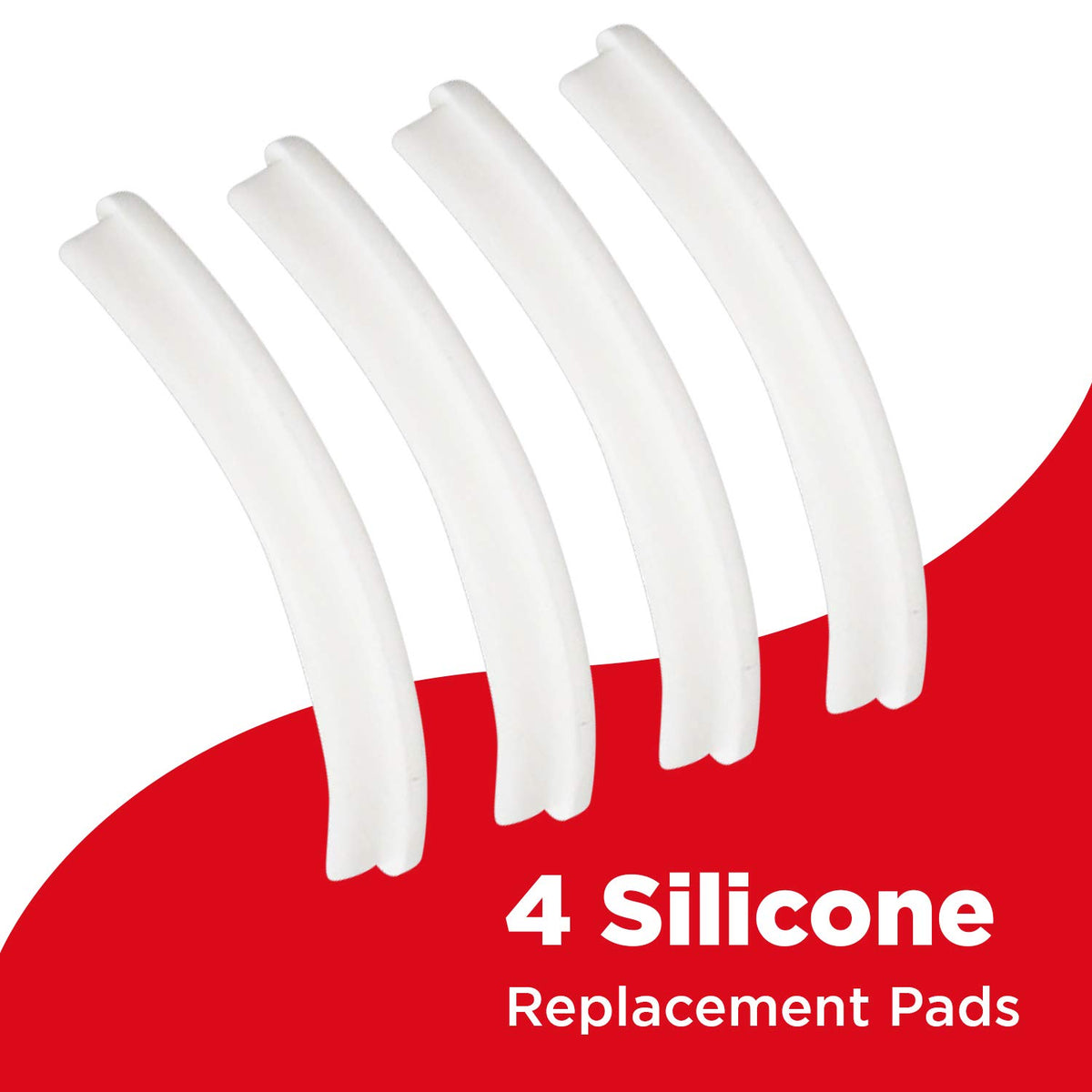 Four white curved silicone eyelash curler pads on a red and white background