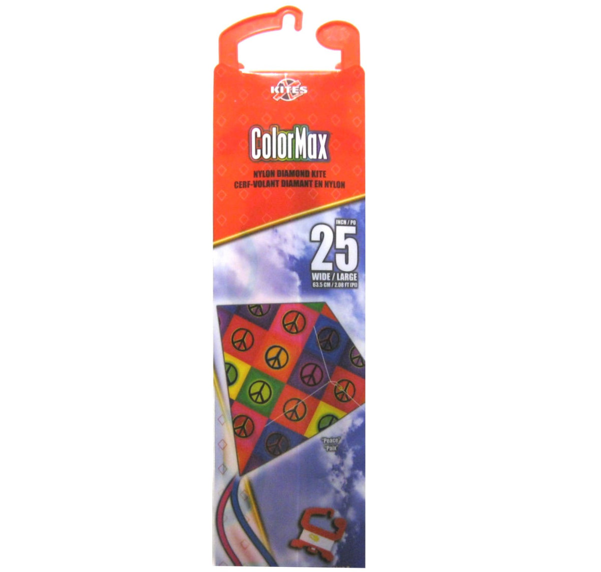 ColorMax 25 inch nylon diamond kite with peace sign print in its hanging package