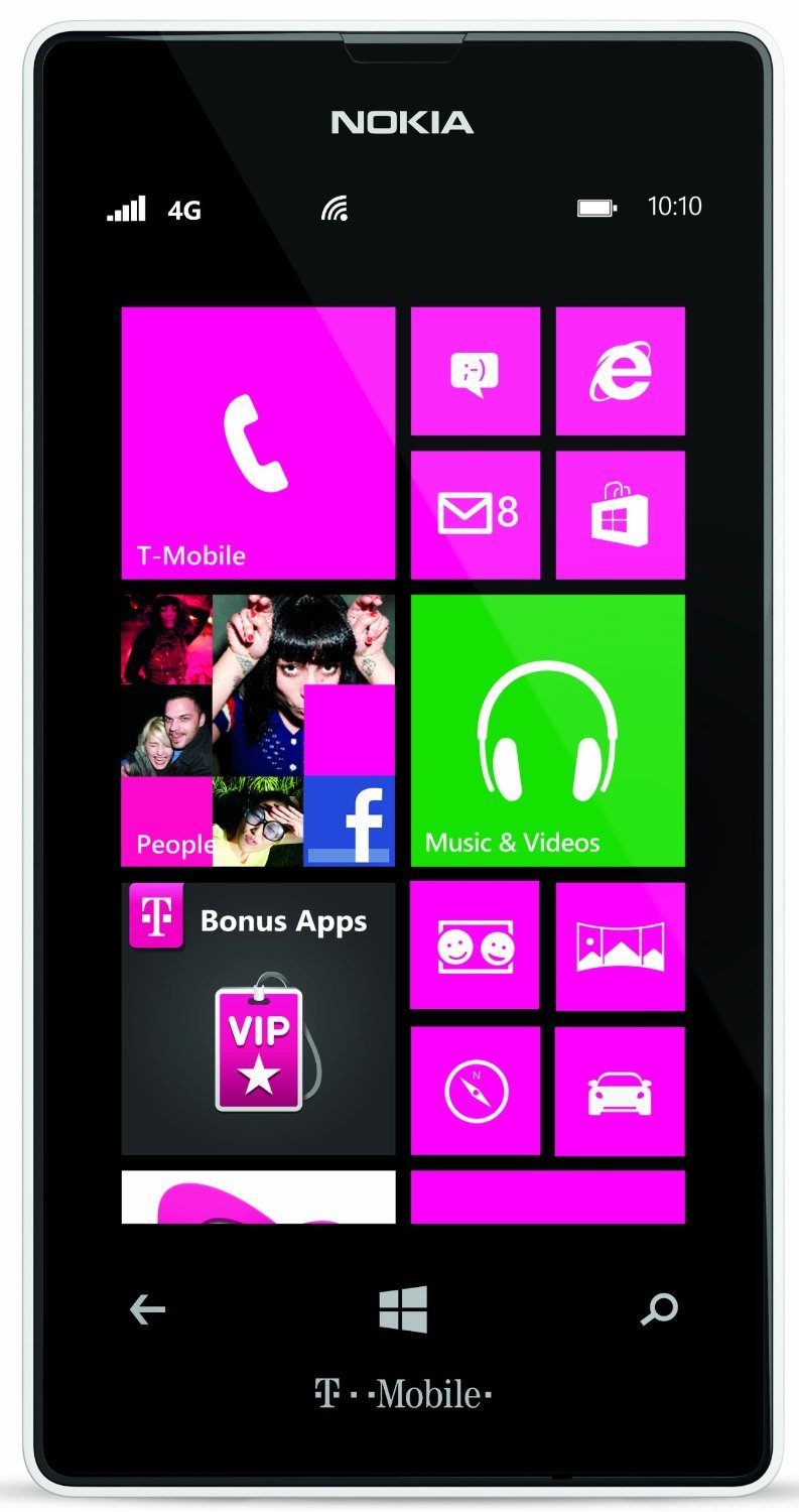 White Nokia Lumia 521 T-Mobile phone front with pink and green Windows tiles