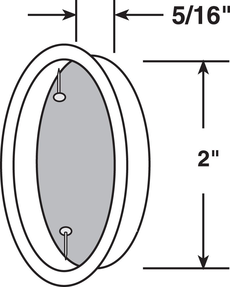 Line drawing of the round door pull: 2 inches across, 5/16 inch deep, with two nails