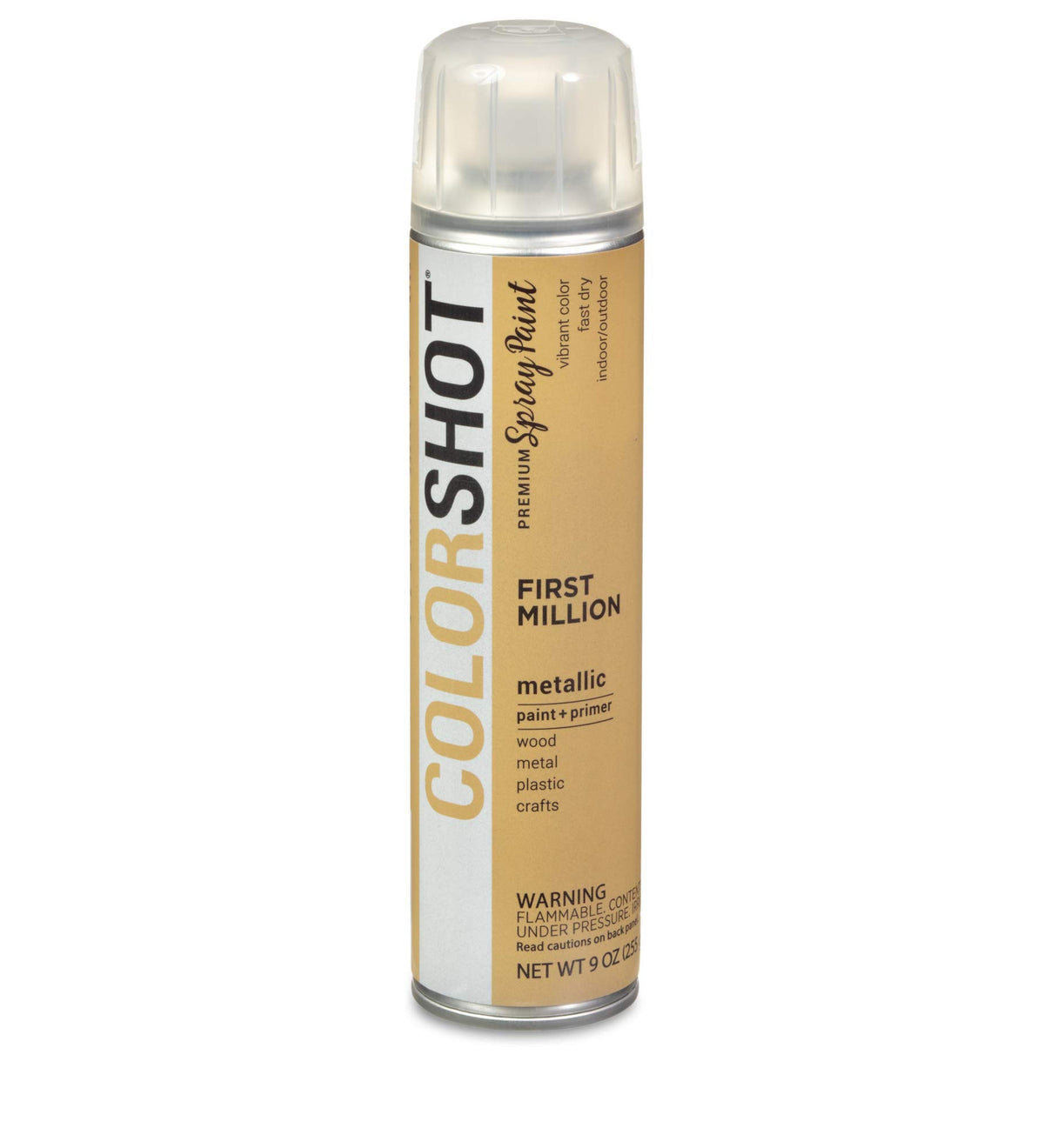 Gold 9 oz can of metallic spray paint and primer in shade First Million