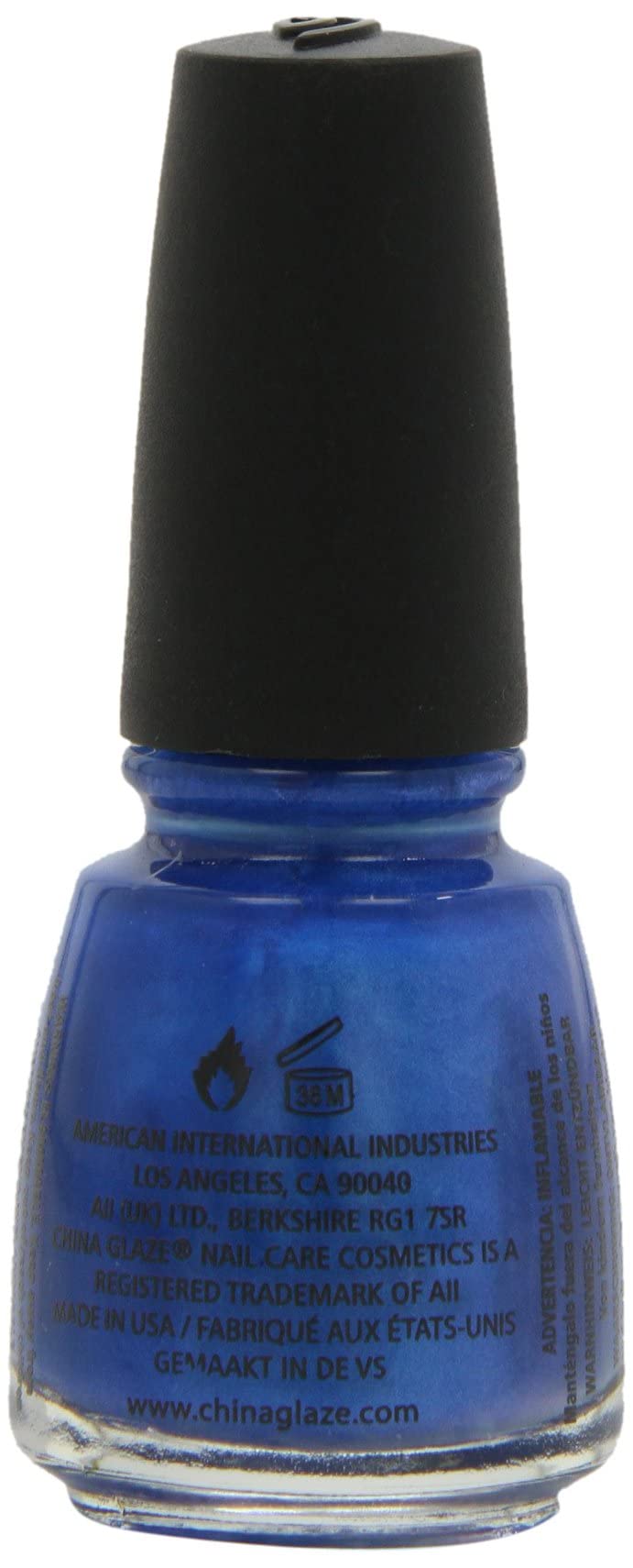 Back label of the cobalt blue polish bottle with maker address