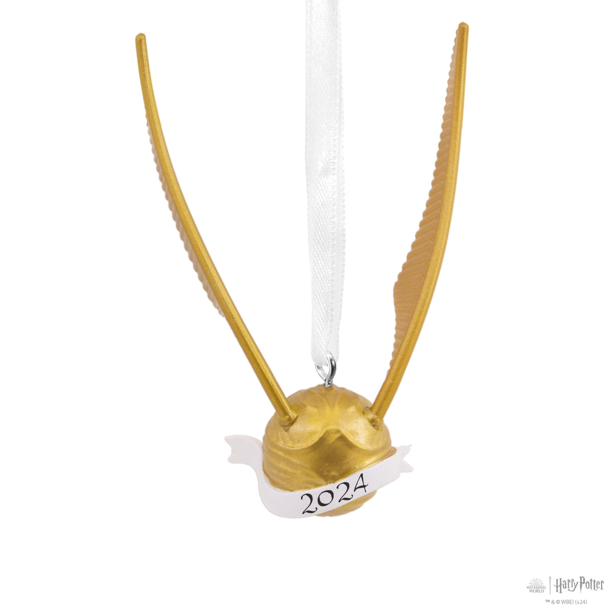 Gold winged ball ornament with long feathered wings and a 2024 banner