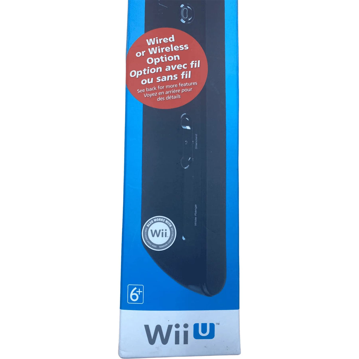 Close-up of the black sensor bar box with Wii U and also works with Wii badge