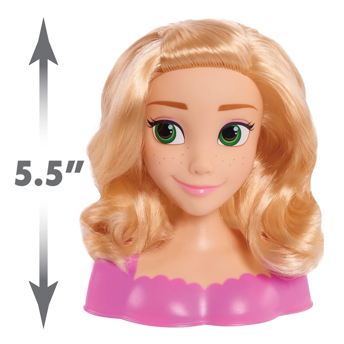 Rapunzel styling head with green eyes and freckles shown at 5.5 inches tall