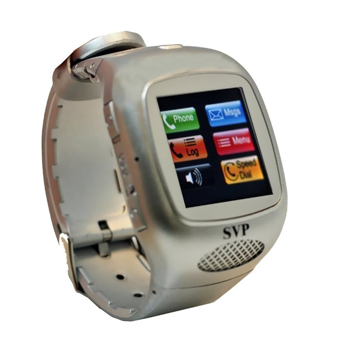 Silver watch phone at an angle showing its strap, side buttons and speaker grille