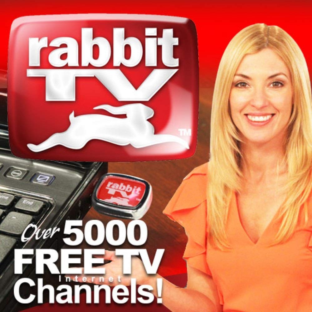 Rabbit TV advert: smiling woman beside a laptop with the red USB stick plugged in