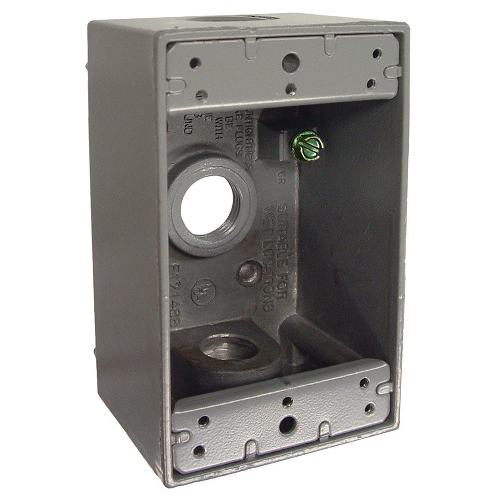 Grey die-cast single-gang weatherproof outlet box with threaded holes and green ground screw