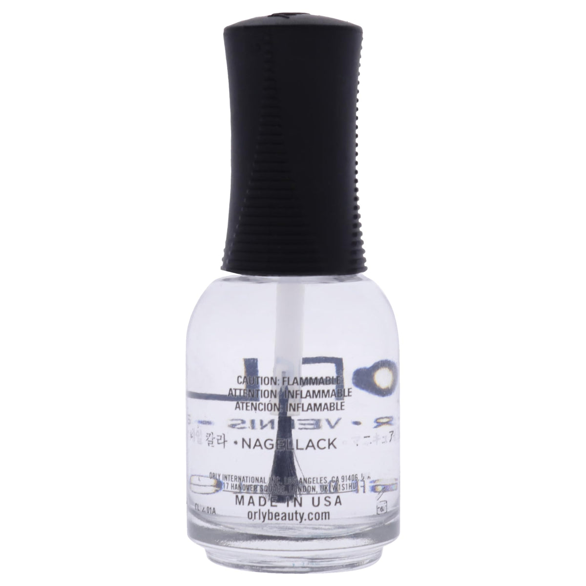 Back of the Orly Sealon clear topcoat bottle showing the flammable warning and Made in USA label