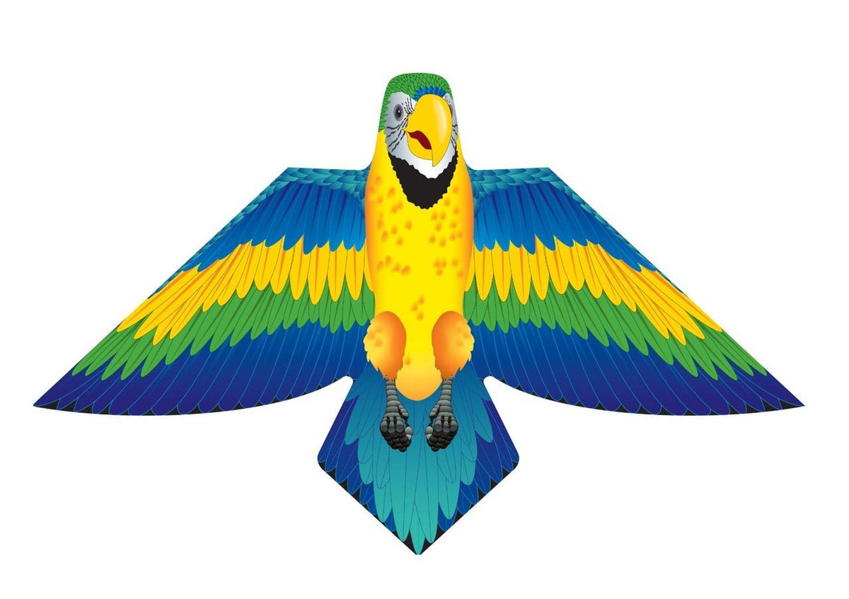 Blue, yellow and green macaw parrot kite with wings spread wide