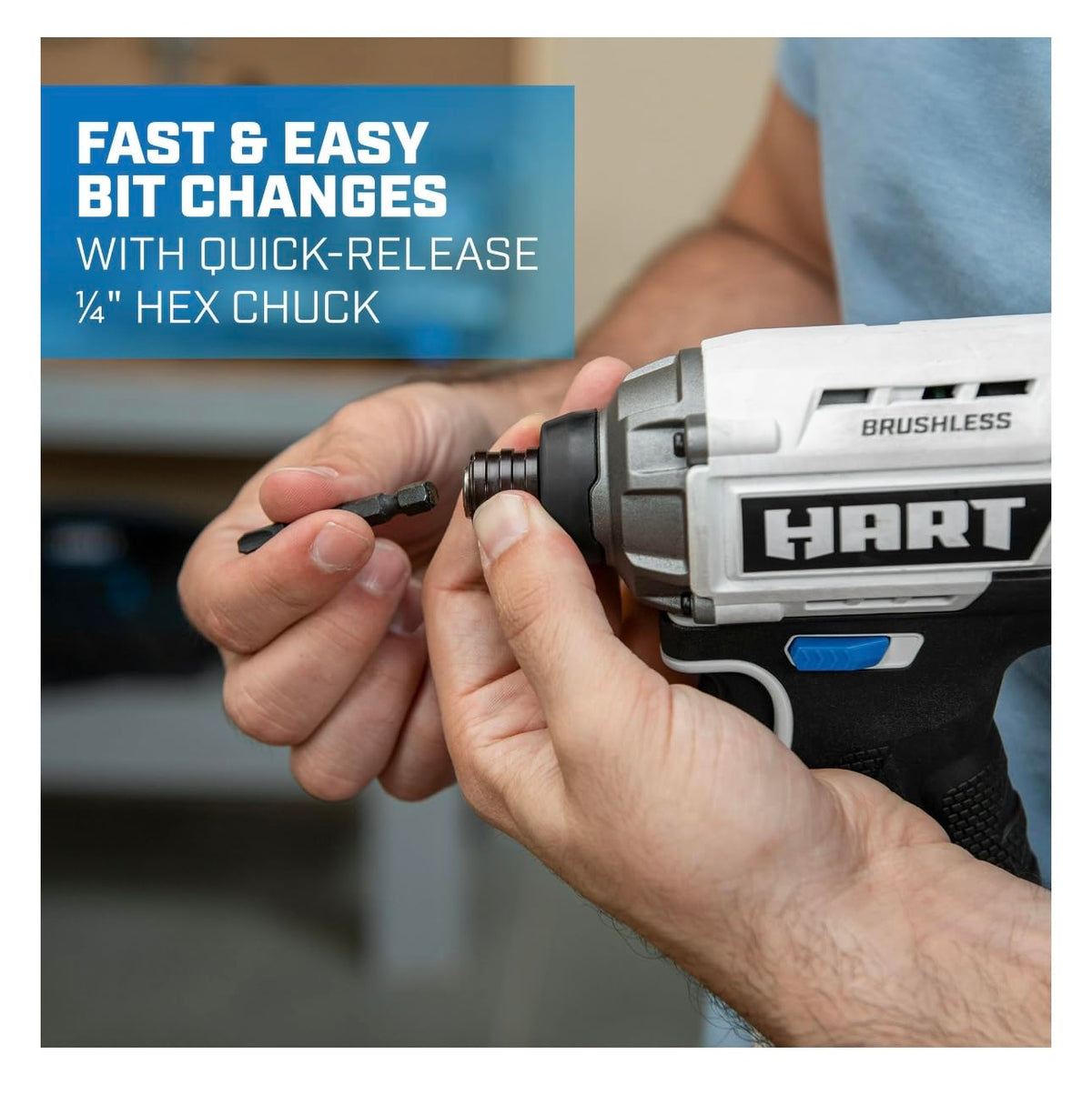 Hands fitting a hex bit into the quick-release chuck of the HART impact driver