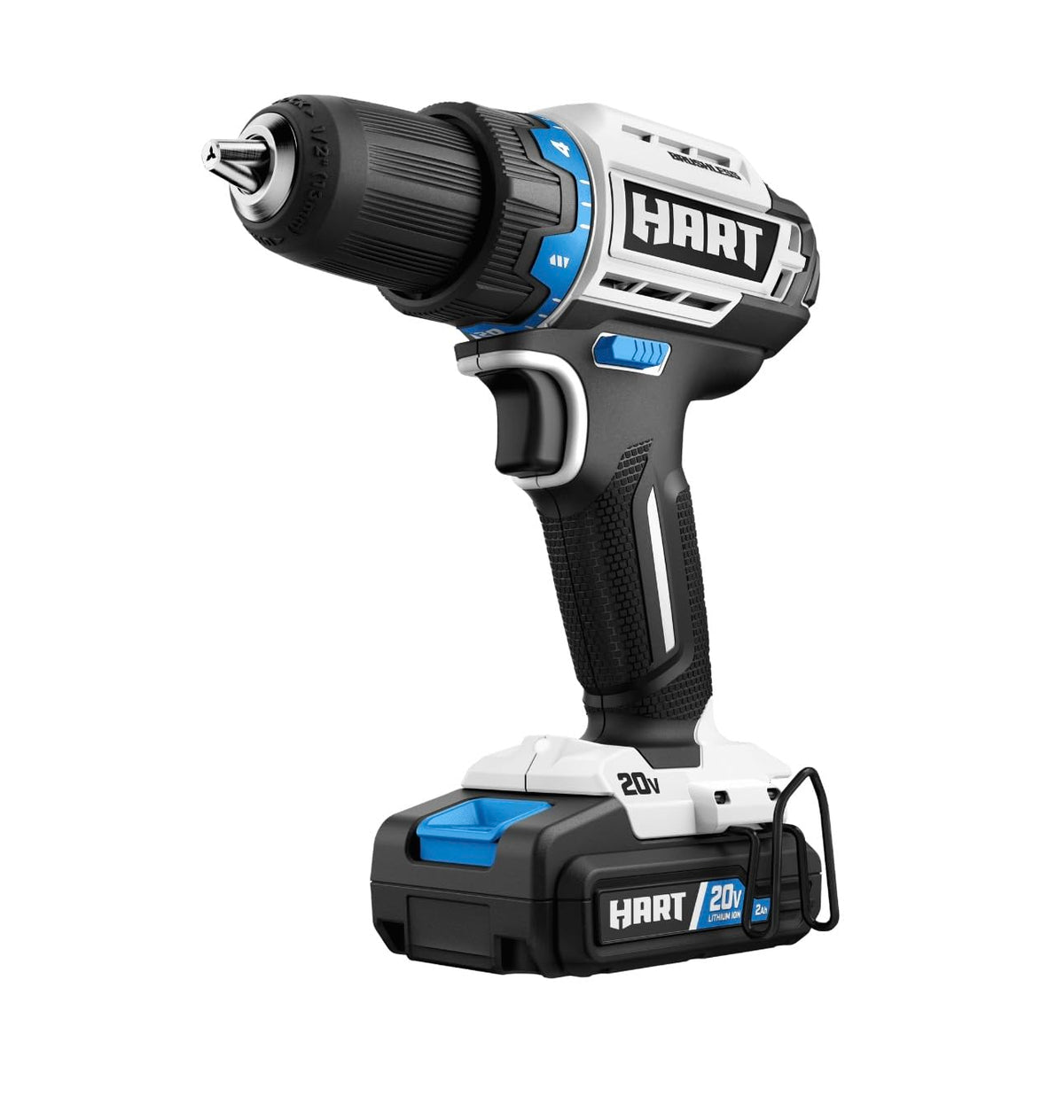 White and black HART brushless drill/driver with a 20V battery attached