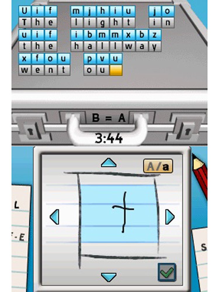 Code-breaking word puzzle on a silver briefcase with a handwriting box below