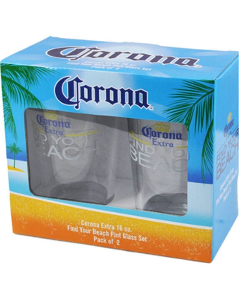 Boxed pair of Corona Extra Find Your Beach 16 oz pint glasses with palm tree print