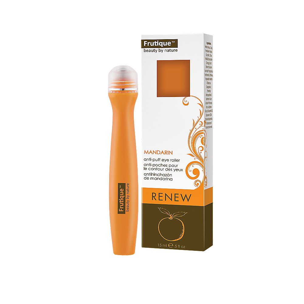 Orange roller-ball eye serum tube beside its white and brown mandarin box