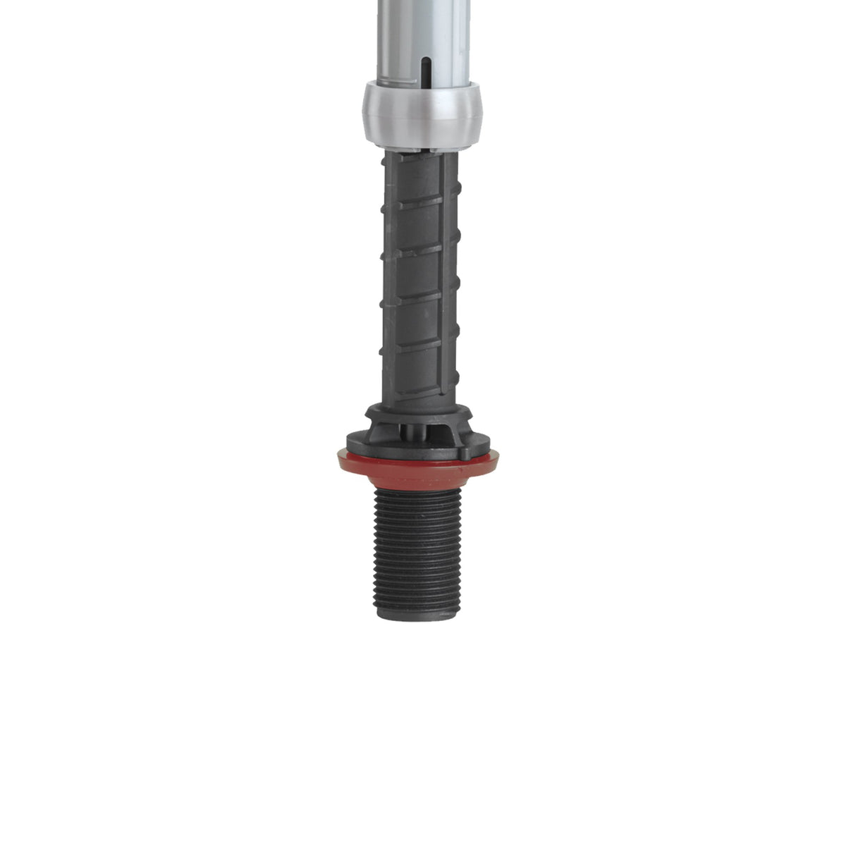 Close-up of the fill valve's threaded black shank with a red sealing washer