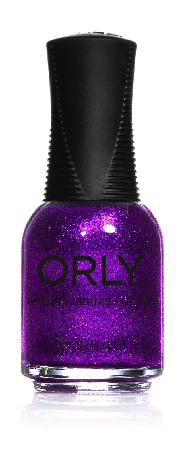 Orly nail lacquer bottle in a sparkling purple glitter shade