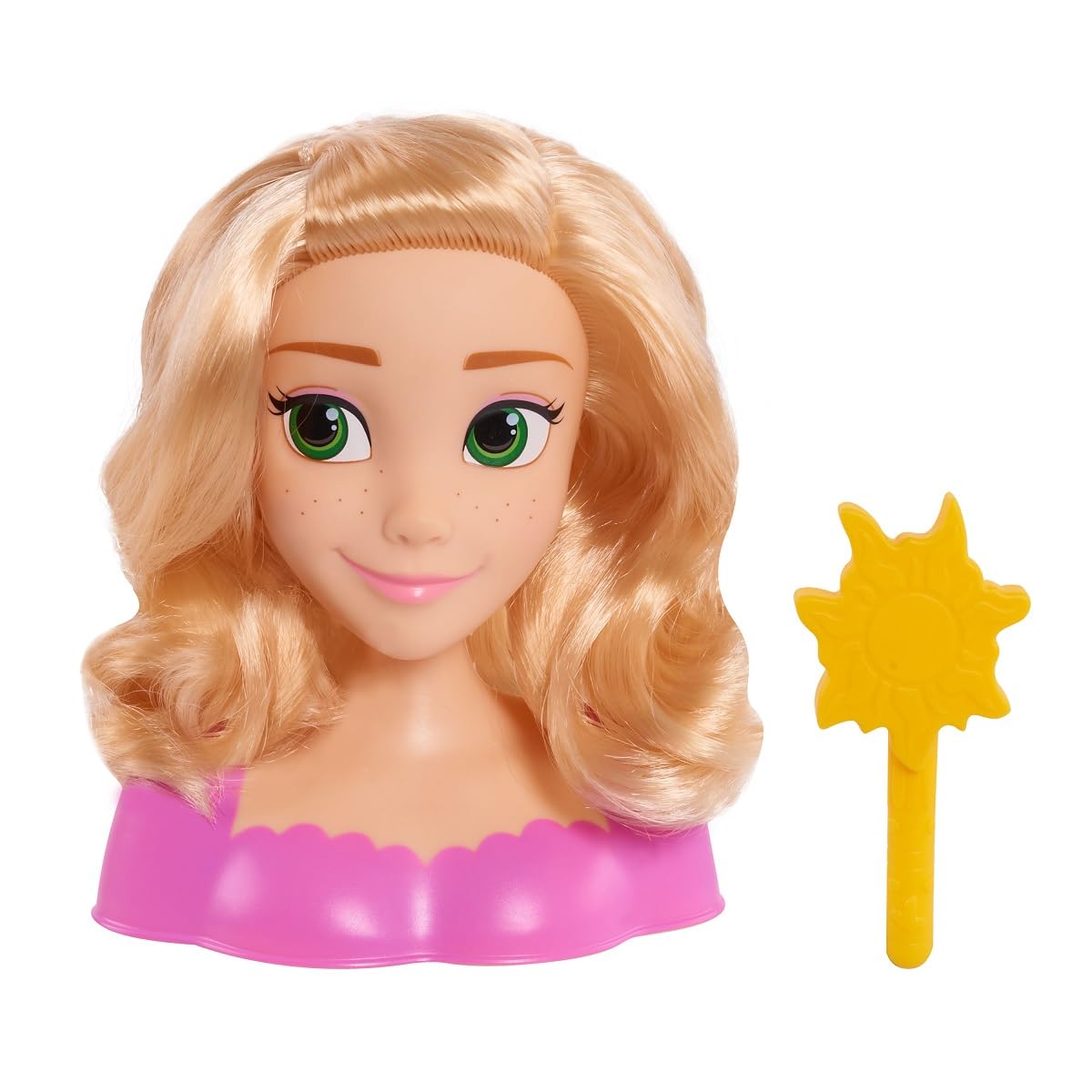 Blonde Rapunzel styling head in a pink top next to the yellow sun brush