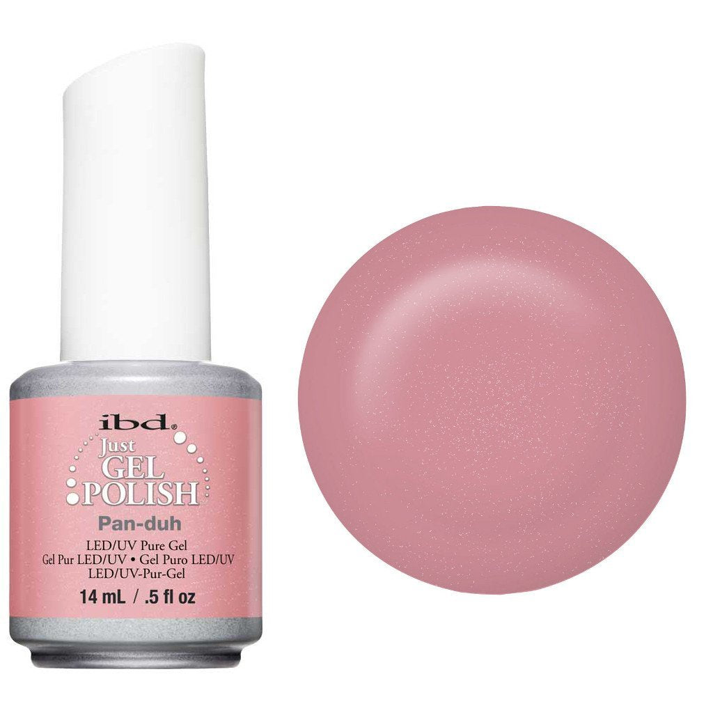 Soft pink gel polish bottle beside a round swatch of the shimmery dusty pink shade