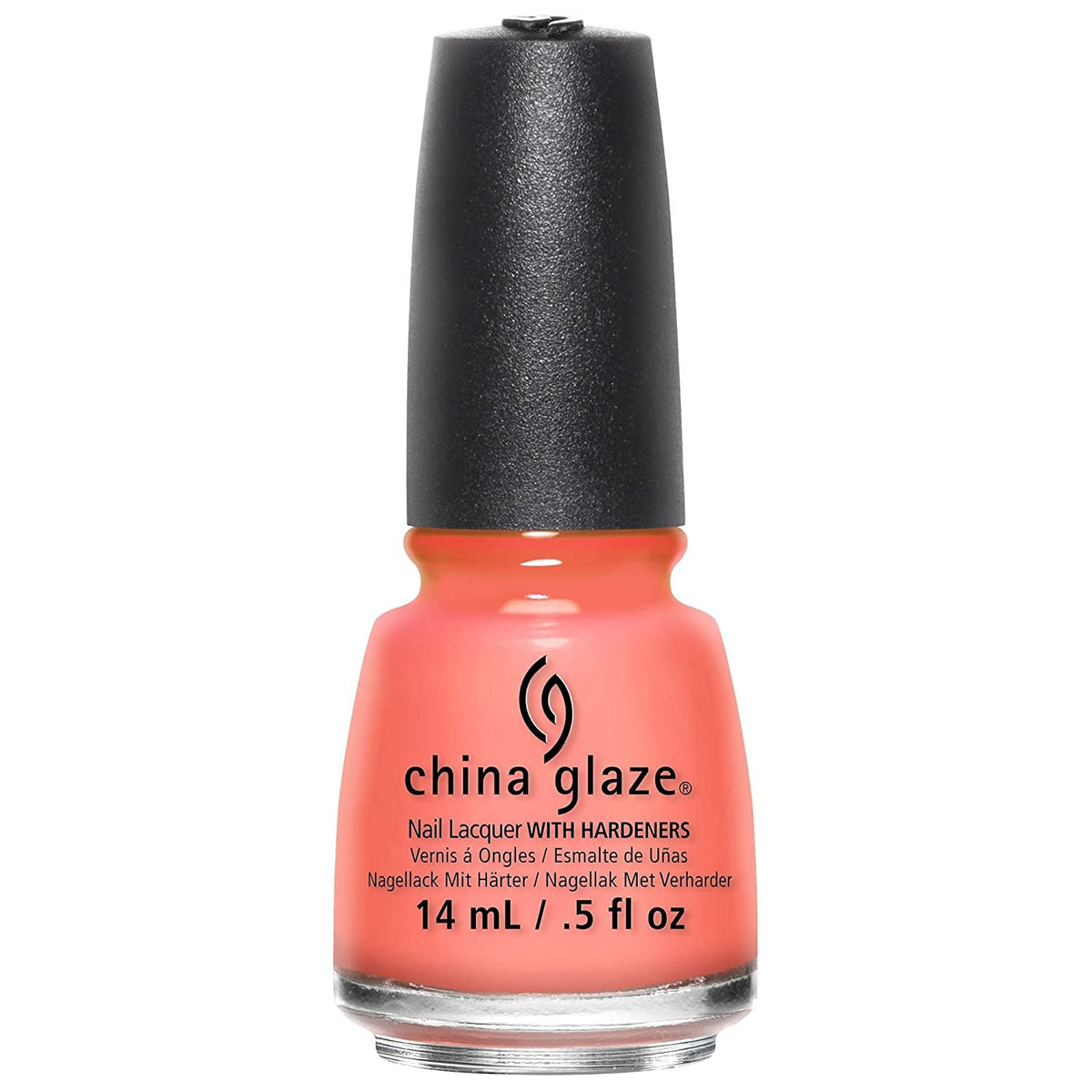Bottle of bright coral nail polish with a black cap, 14 mL